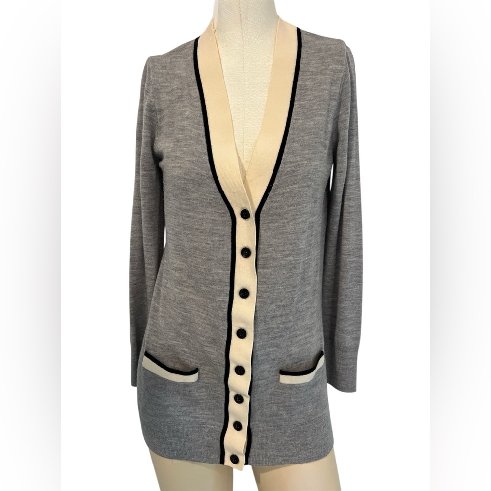 Women’s Halogen Merino Wool Gray and Cream V Neck Boyfriend Long Cardigan, SZ PM
